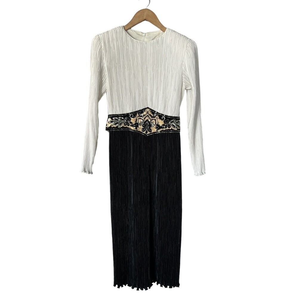 Vintage 1980 NUIT Plisse Black White Sequin Belt Cocktail Dress Size 6 US Made